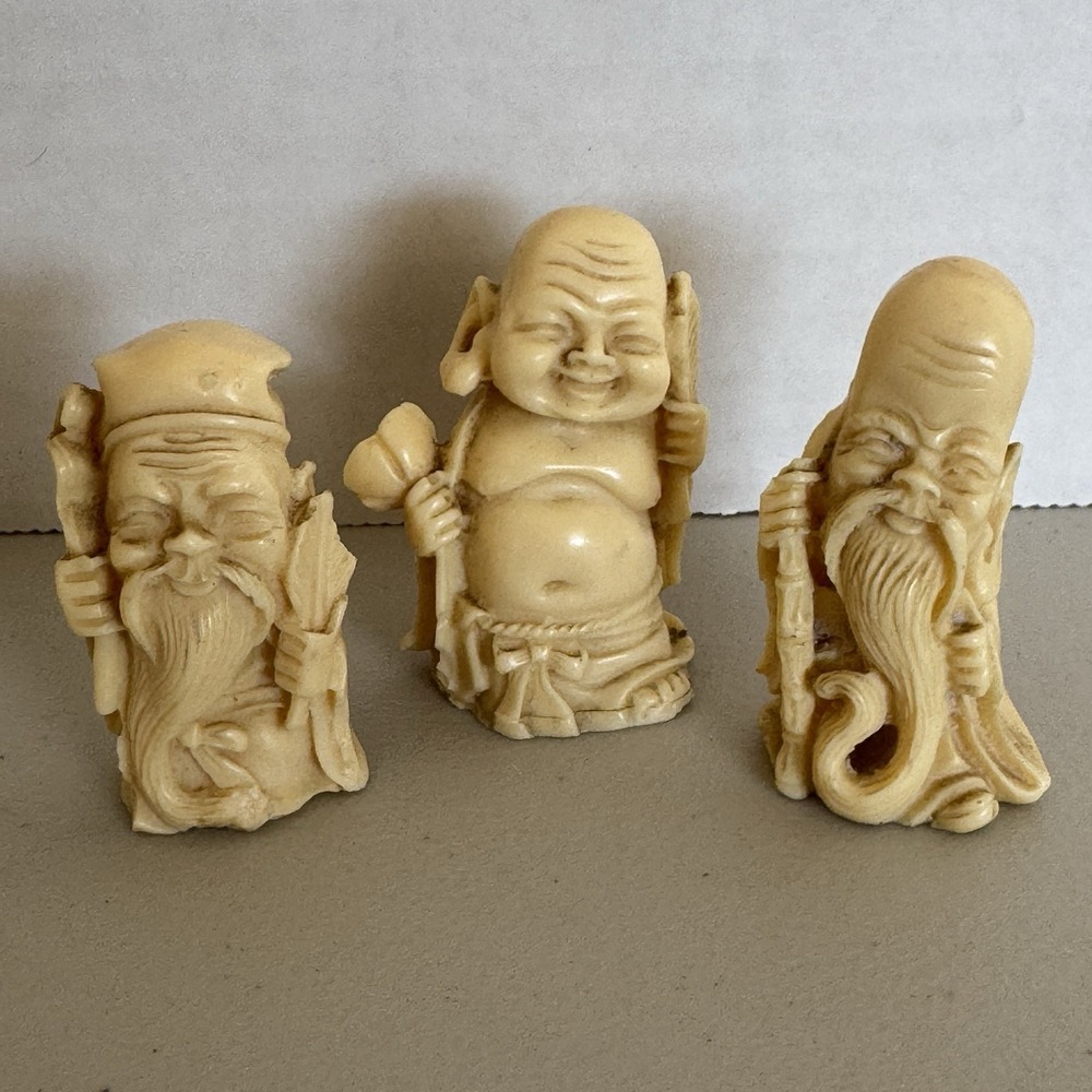 Vintage Lot Of 3 Chinese Taoist San Xing Fu Lu Shou Resin Carved Wise Men Gods